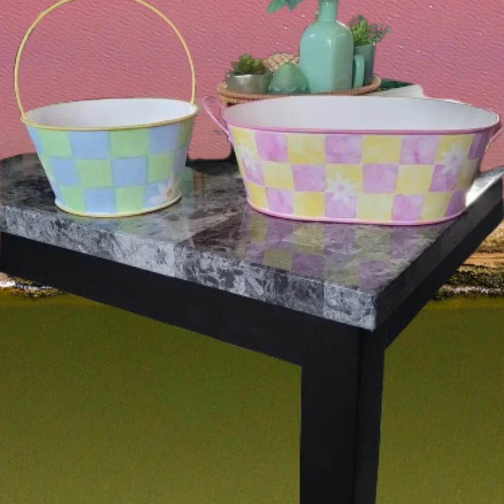 Green and Blue and Pink and Yellow Metal Baskets